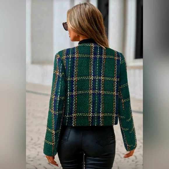 New Luxe Plaid Tweed Jacket Blazer Navy Blue Green White
